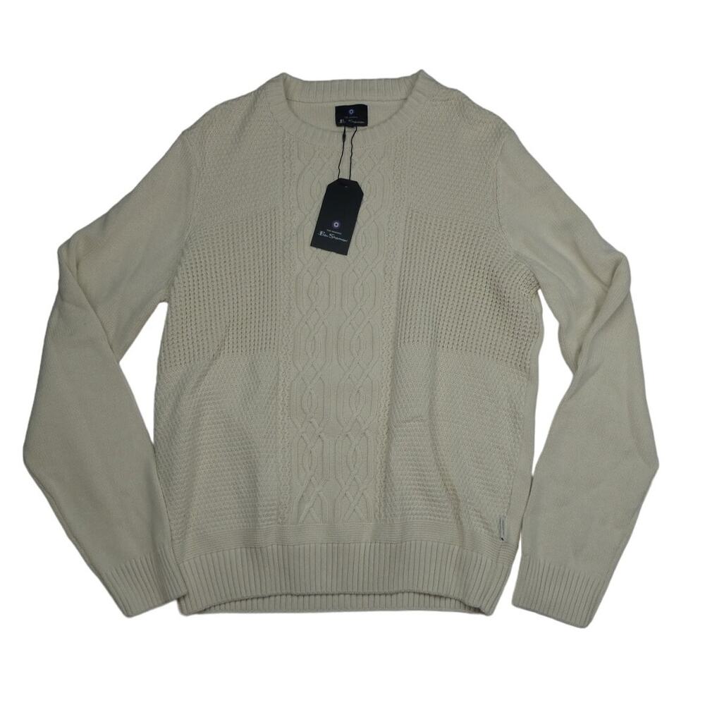 Ben Sherman Men Fisherman Cable-knit Sweater medium Ivory Crewneck Pullover NWT